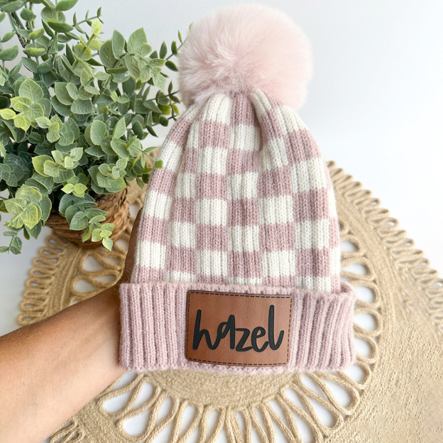 Personalized Leather Patch Checker Pom Pom Beanie | HSKid36