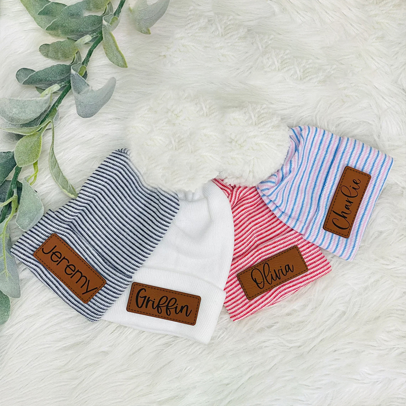 Personalized Leather Patch Pom Pom Beanie for Comfort & Unique | HSKid35