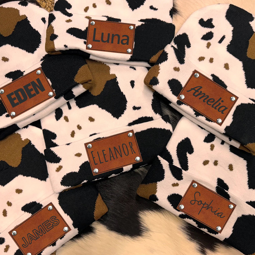 Personalized Leather Patch Cute Cow Warm Beanie | HSKid42