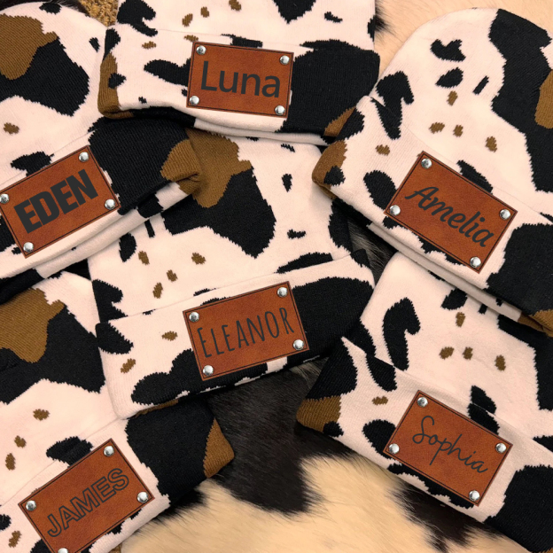 Personalized Leather Patch Cute Cow Warm Beanie | HSKid42