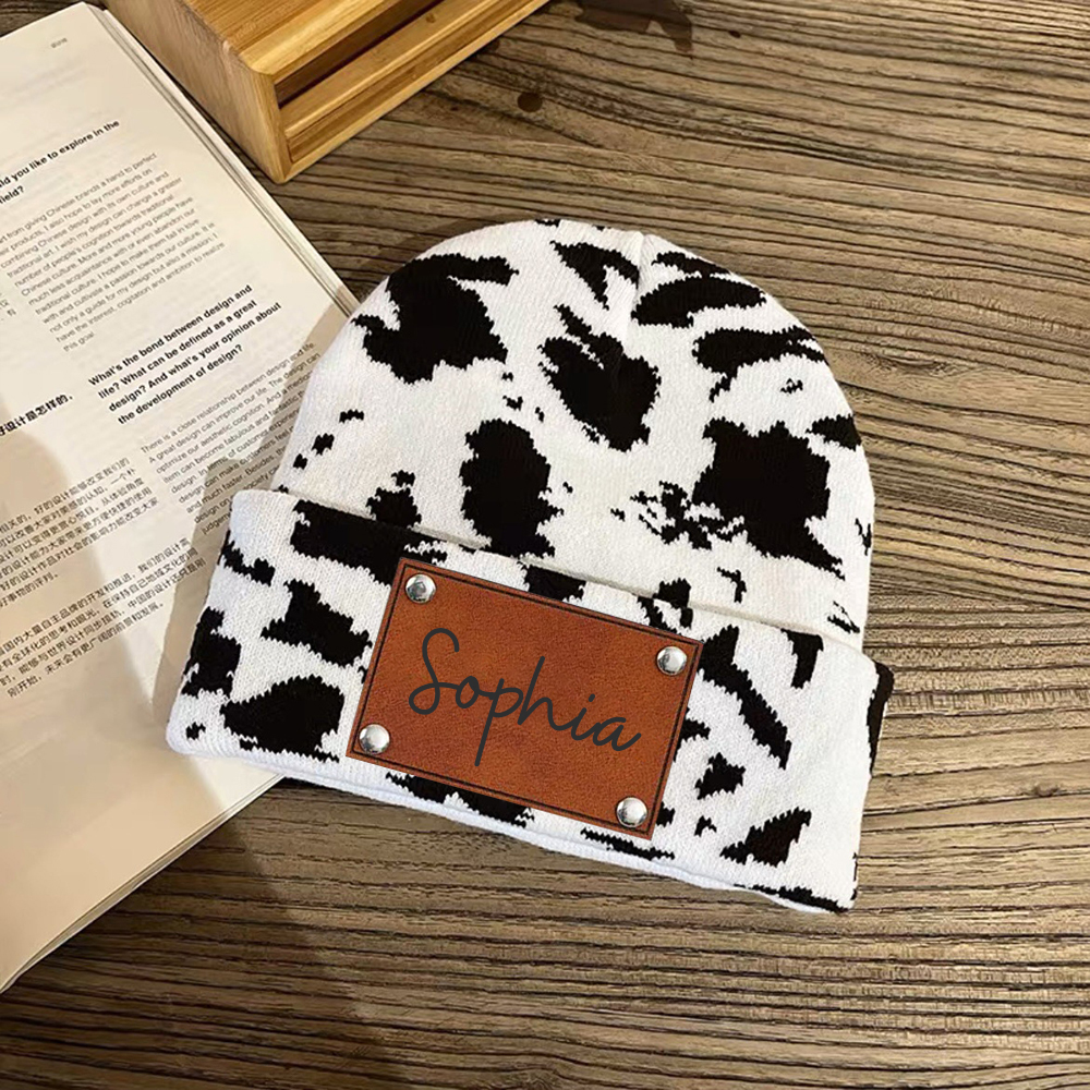 Personalized Leather Patch Cute Cow Warm Beanie | HSKid42