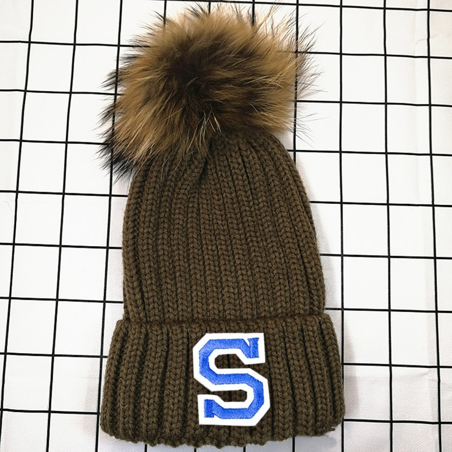 Personalized Initial Patch Pom Pom Beanie Hat | HSKid45