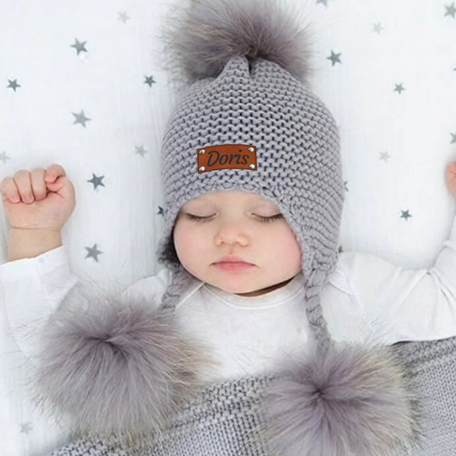 Personalized Leather Patch  Pom Pom Knit Hat With Tassels | HSKid46