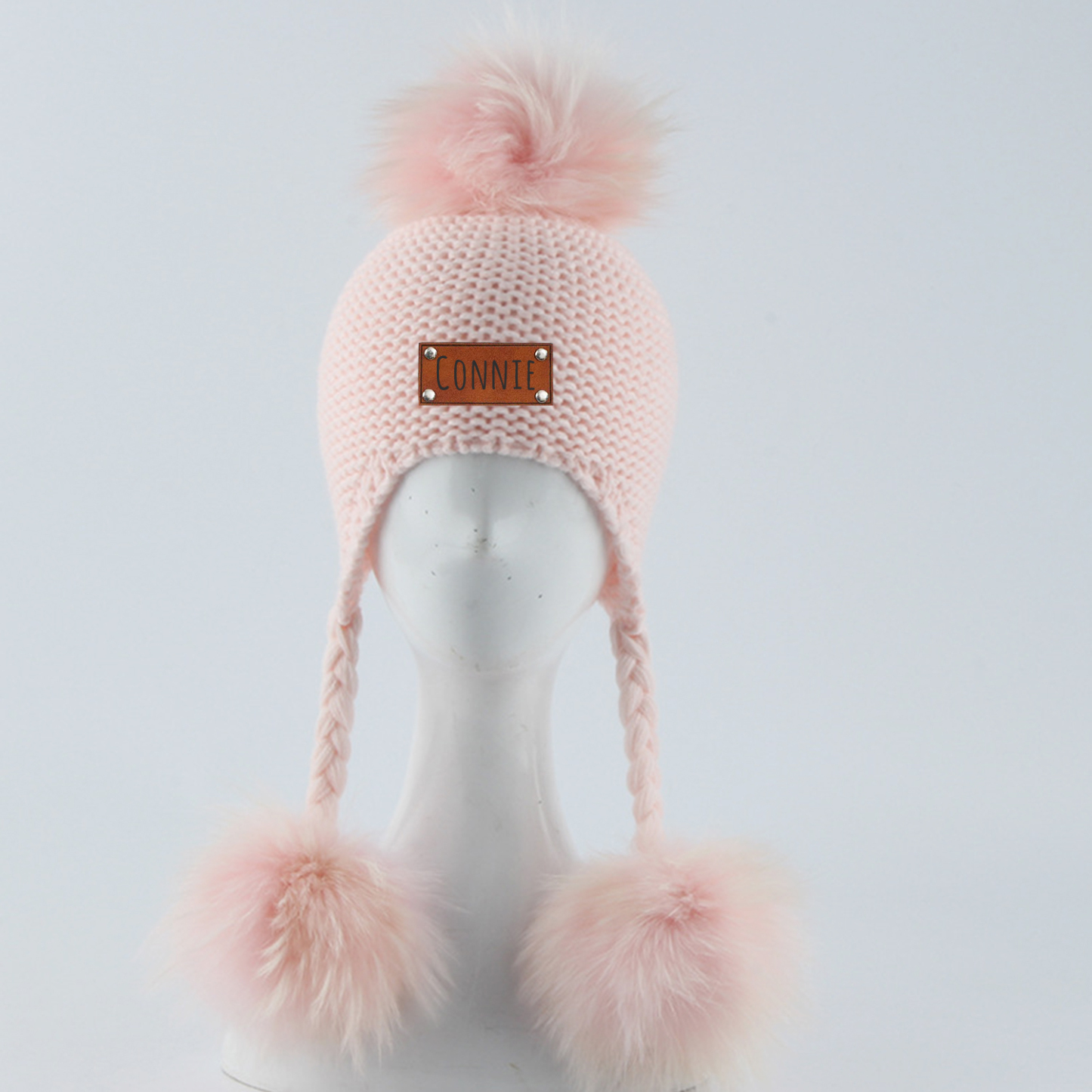 Personalized Leather Patch  Pom Pom Knit Hat With Tassels | HSKid46
