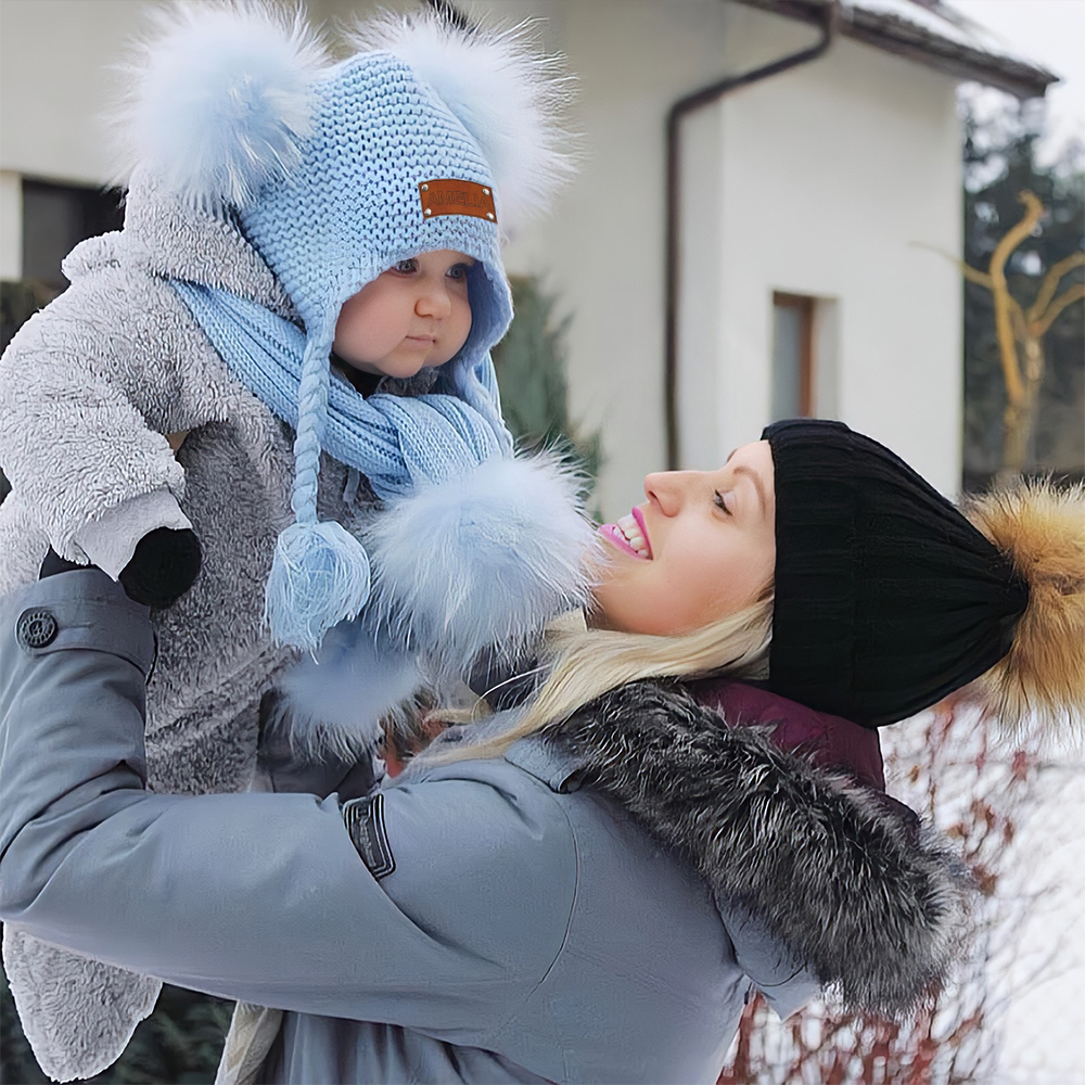 Personalized Leather Patch Pom Pom Knit Hat With Tassels | HSKid47