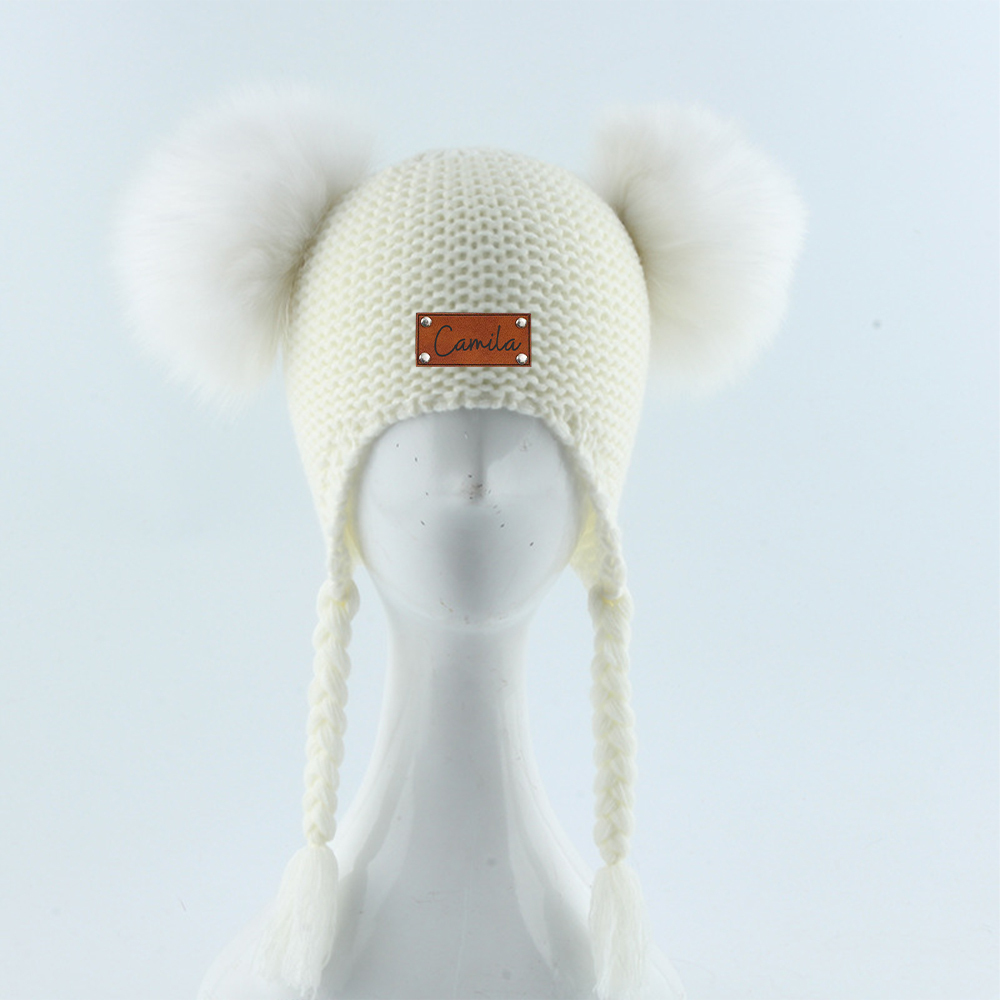 Personalized Leather Patch Pom Pom Knit Hat With Tassels | HSKid47