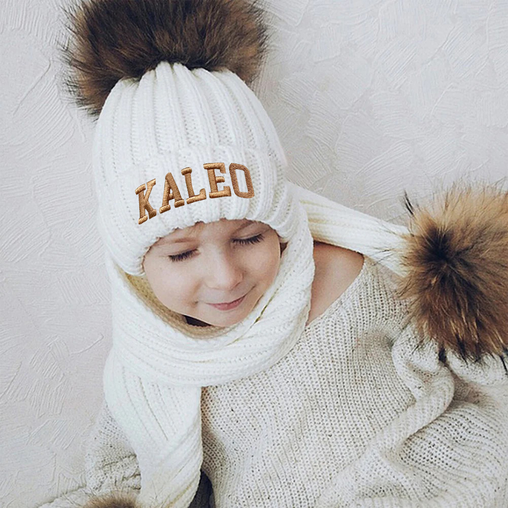 Personalized Embroidery Kid Pom Pom Hat With Scarf | HSKid48