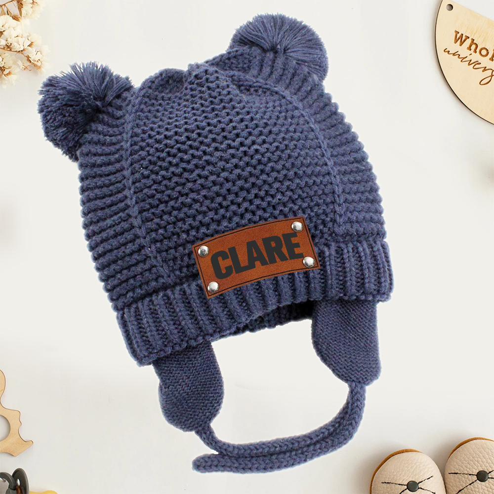 Personalized Leather Patch Pom Pom Knit Hat With Tassels | HSKid50