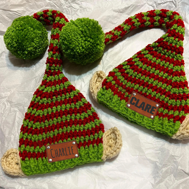 Personalized Crochet Leather Patch Christmas Elf Hat With Ears | MCGift70