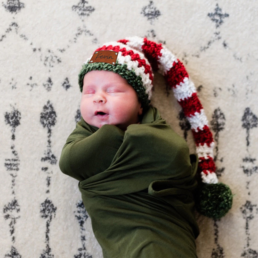 Personalized Leather Patch Christmas Elf Long Tail Hat | MCGift71