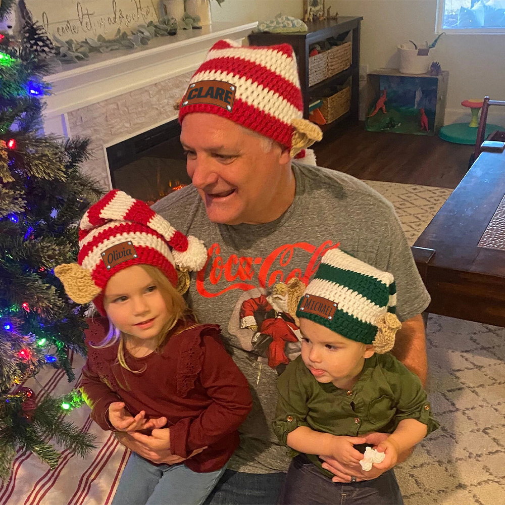 Personalized Crochet Leather Patch Christmas Elf Hat With Ears | MCGift70