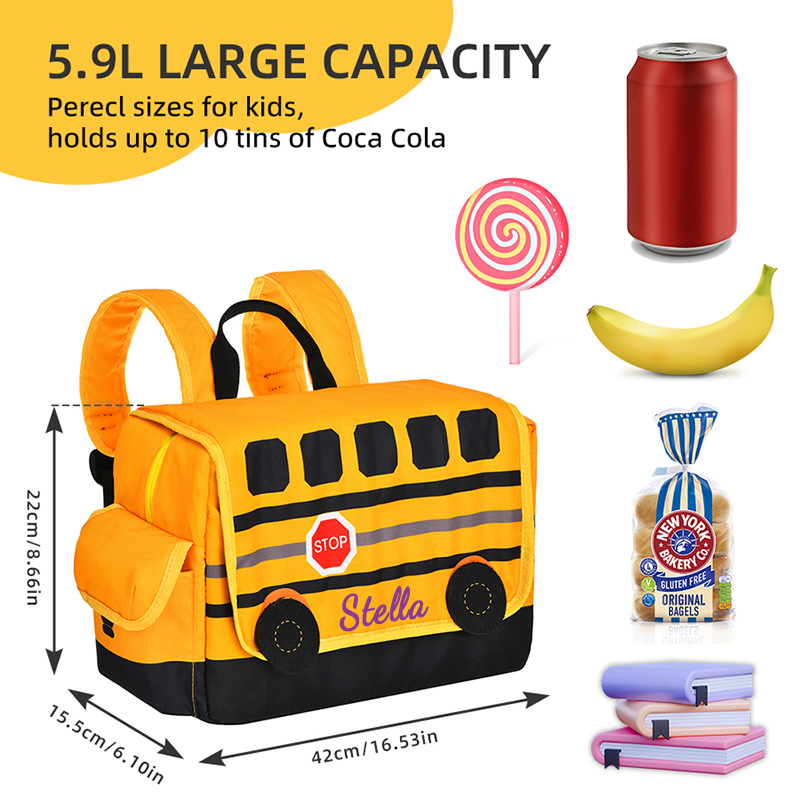 Personalized 3D School Bus Backpack with Insulation Lunch Box