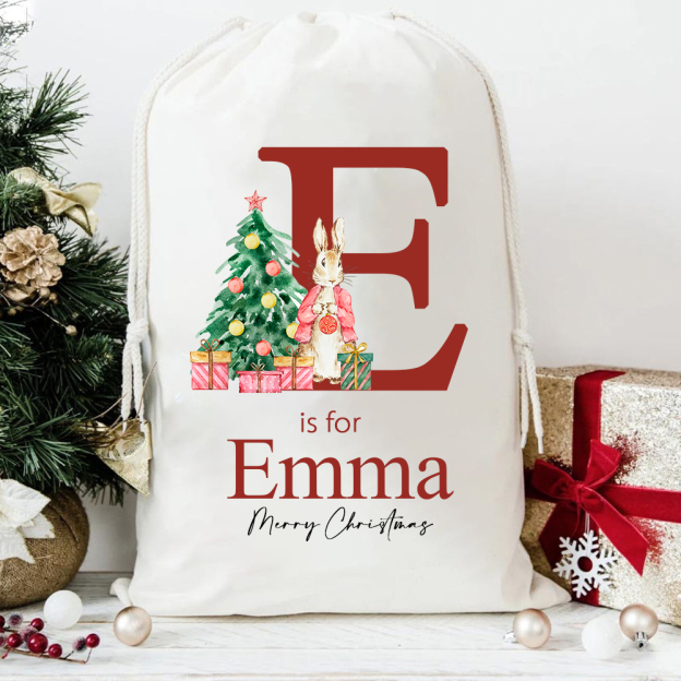 Personalized Name & Initial Bunny Christmas Gift Sack | MCGift89