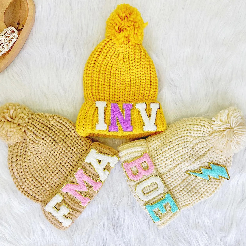 Personalized Lovely Chenille Patch Pom Pom Beanie| HSKid52