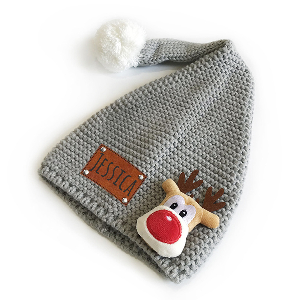 Personalized Lovely Leather Patch Christmas Elf Long Tail Hat | MCGift93