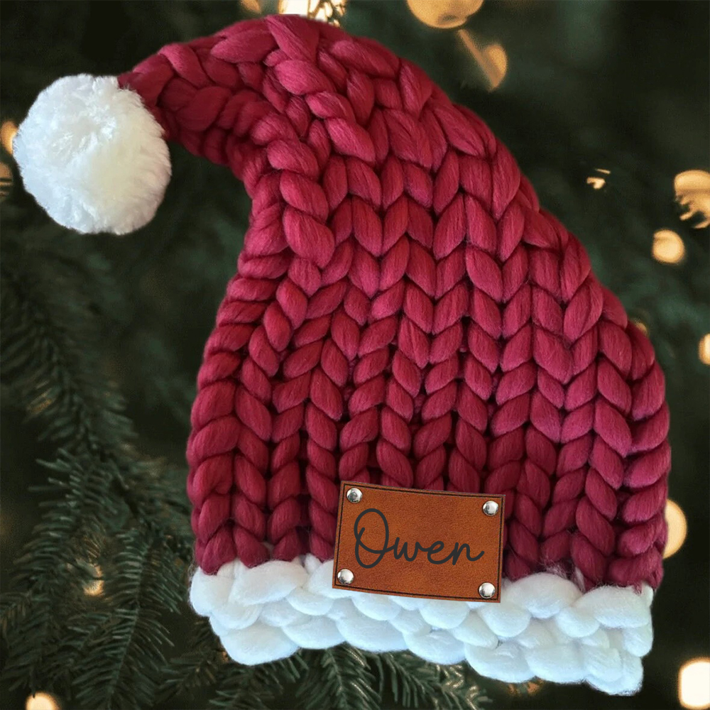 Personalized Leather Patch Chunky Knit Oversized Christmas Hat | MCGift97