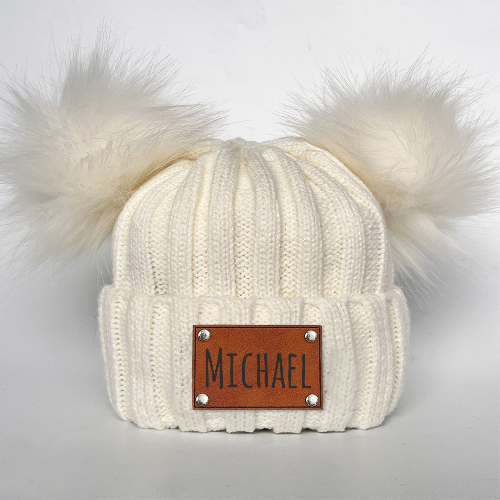Personalized Leather Patch Kid Pom Pom Hat and Scarf | HSKid0101