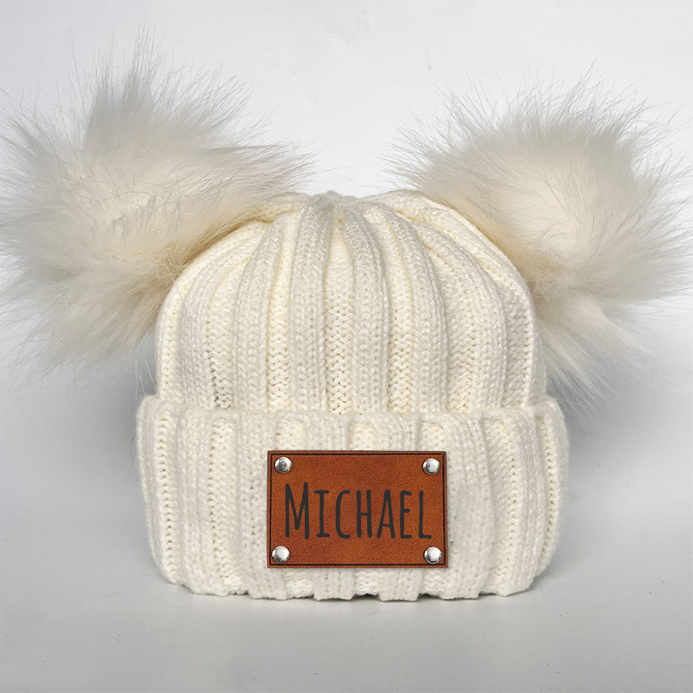 Personalized Leather Patch Kid Pom Pom Hat and Scarf | HSKid0101