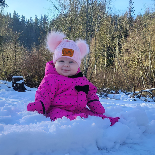 Personalized Leather Patch Kid Pom Pom Hat and Scarf | HSKid0101