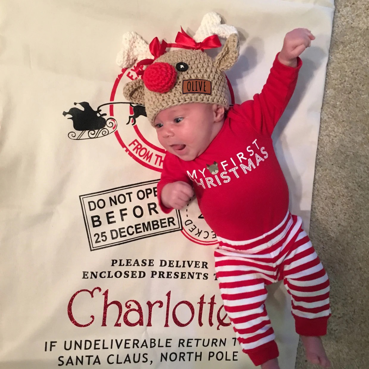 Personalized Leather Patch Christmas Elk Crochet Hat | MCGift112