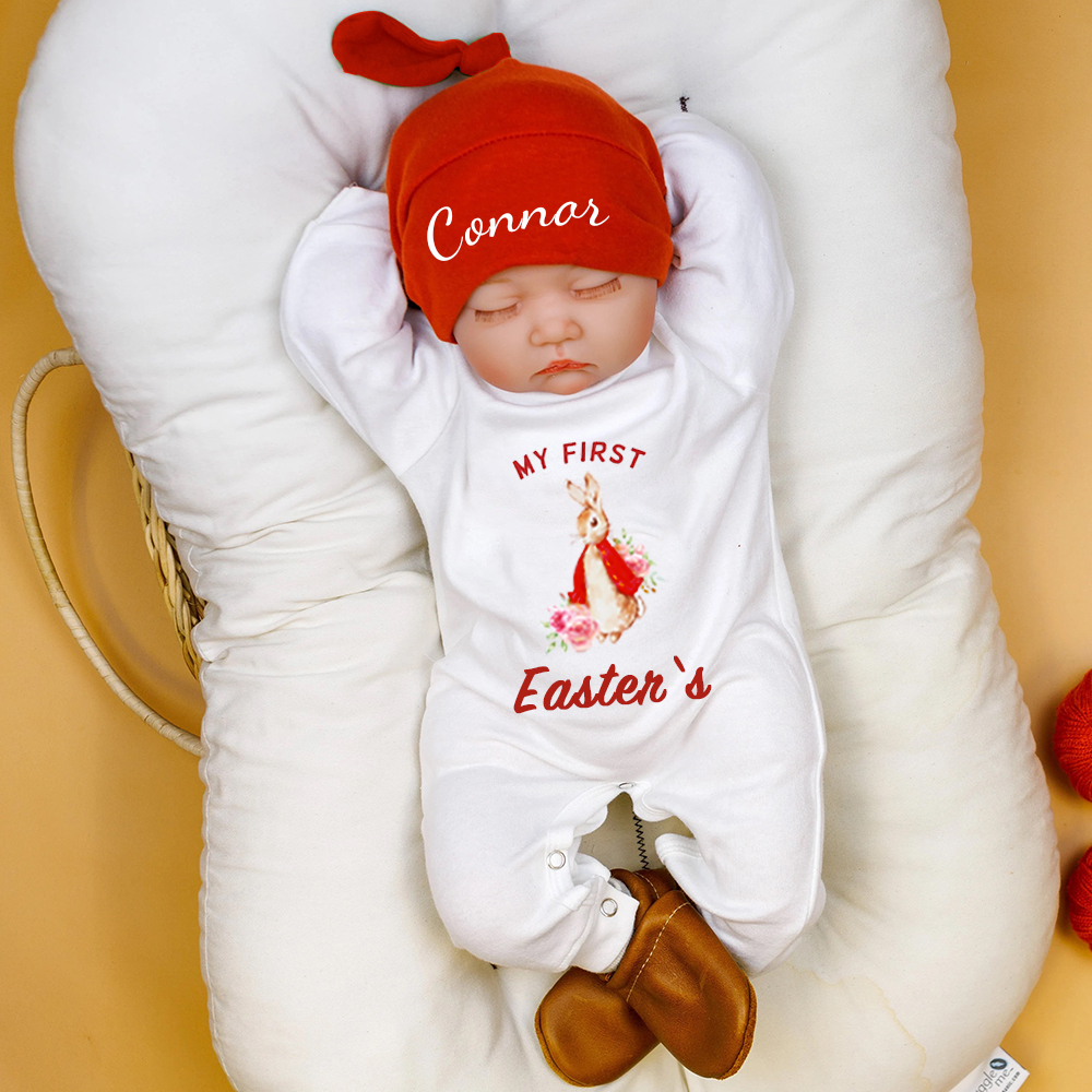 Personalized Baby First Valentine Teddy Bear Ropmer and Hat Set | CWBaby127