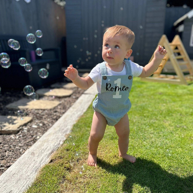 Personalized Baby First Birthday Suspender Triangle Jumpsuit Romper | CWBaby143