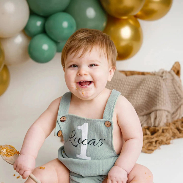 Personalized Baby First Birthday Suspender Triangle Jumpsuit Romper | CWBaby143