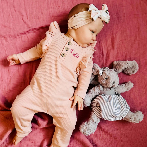 Personalized Embroidery Baby Girls Ruffle Ribbed Knit Romper | CWBaby150