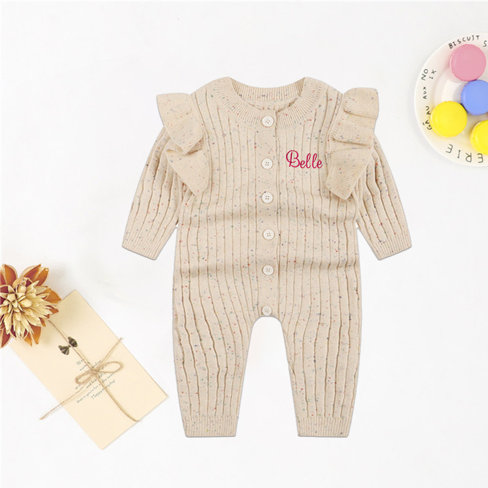 Personalised Embroidery Baby Ruffle Knit Romper | CWBaby149