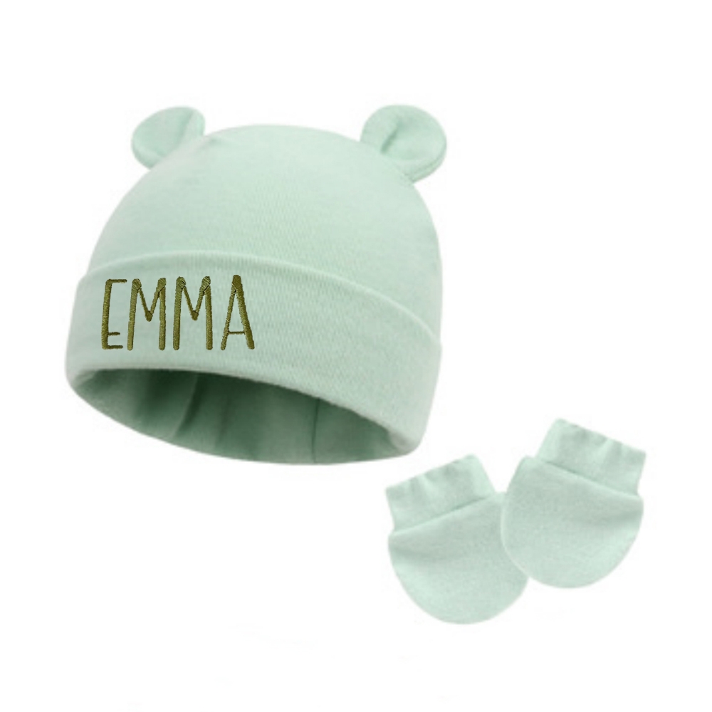 Personalized Embroidery Bear Newborn Homecoming Hat and Gloves Set | HSKid56