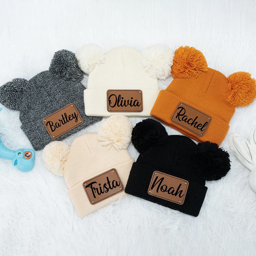 Personalized Leather Patch Pom Pom Hat for Comfort & Unique | HSKid55