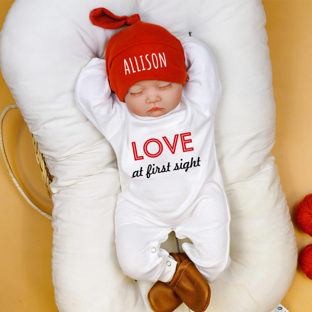 Personalized Baby First Valentine Ropmer and Hat Set | CWBaby146