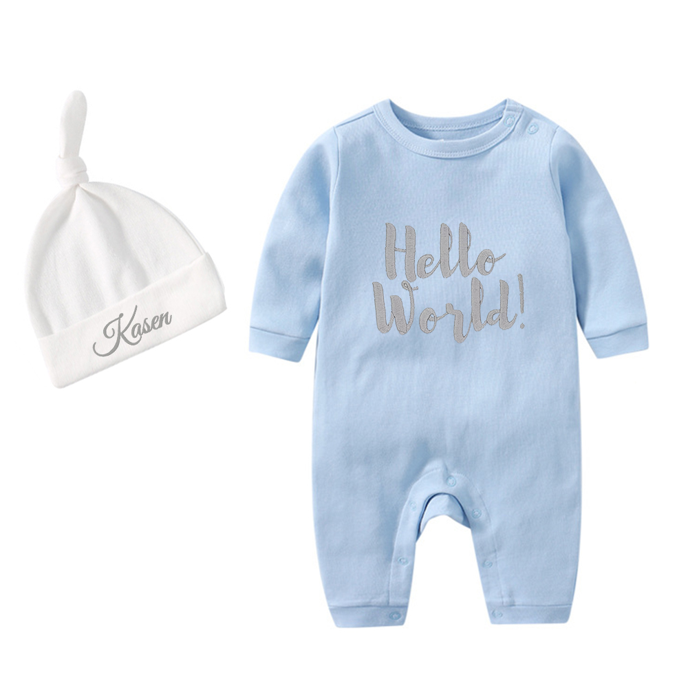 Personalized Embroidery Hello World Baby Coming Home  Romper and Hat Set | CWBaby161