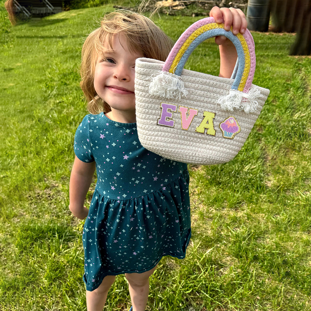 Personalized Kids Chenille Patch Cotton Rope Woven Tote Bag | CWBeach15401