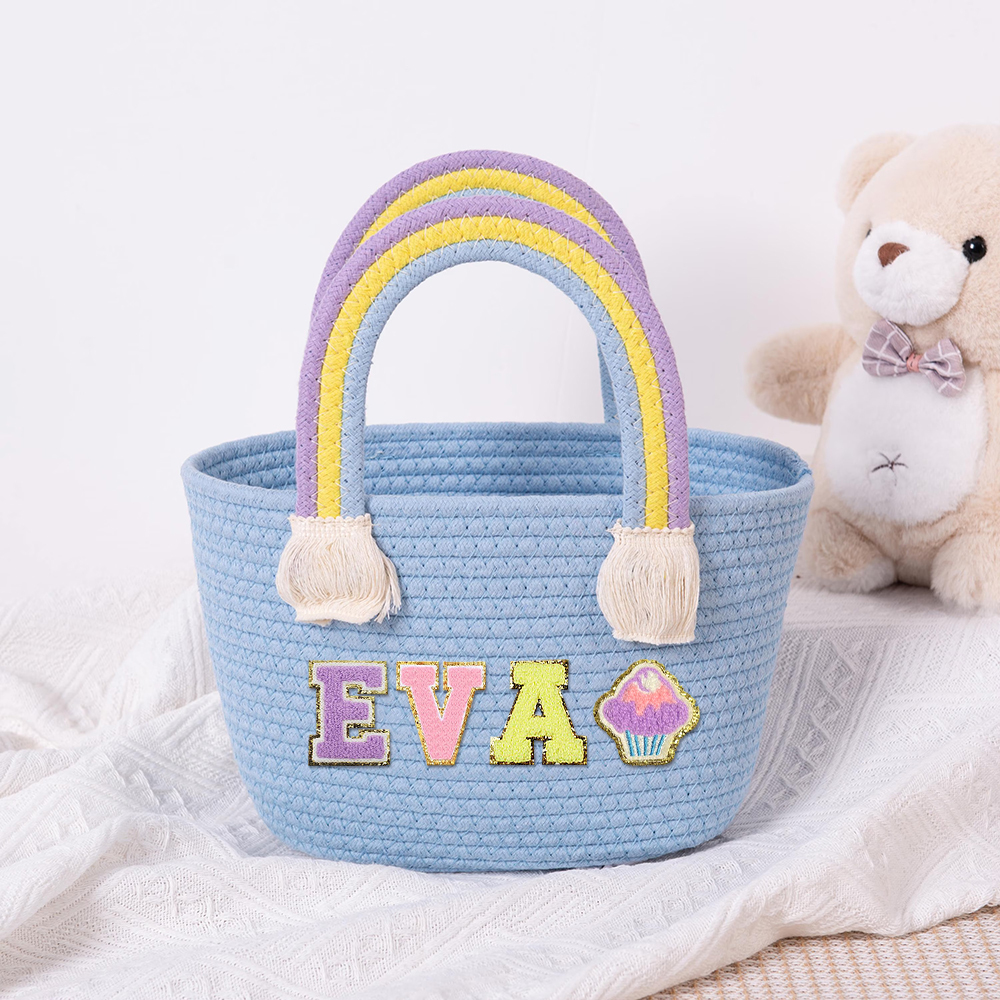 Personalized Kids Chenille Patch Cotton Rope Woven Tote Bag | CWBeach15401