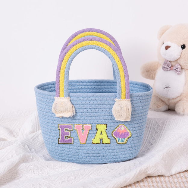 Personalized Kids Chenille Patch Cotton Rope Woven Tote Bag | CWBeach15401
