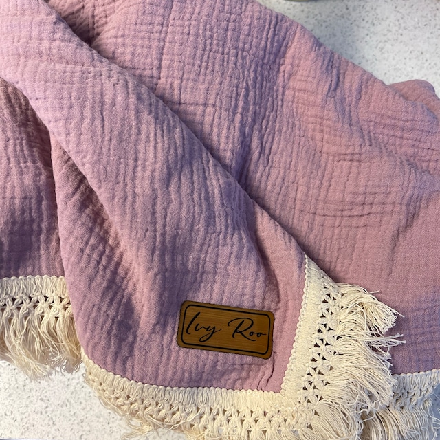 Personalized Fringe Leather Patch Baby Blanket | kkbaby18