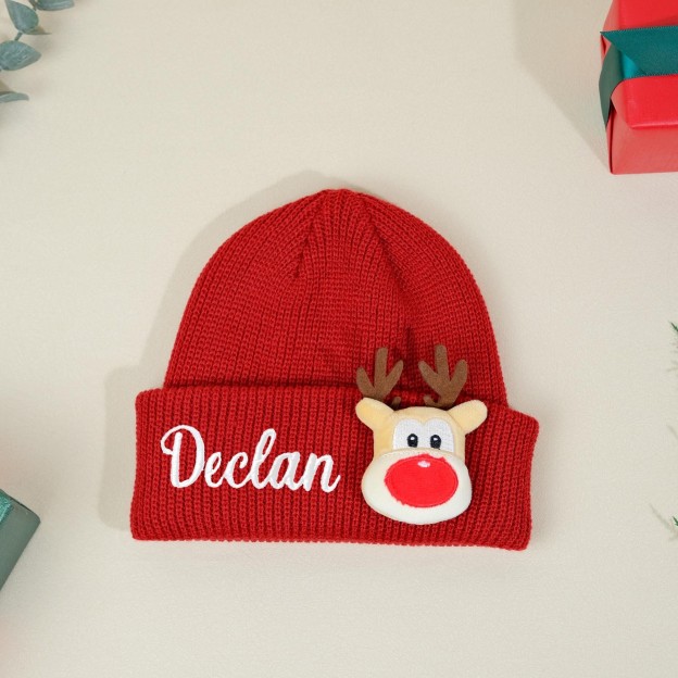 Personalized Embroided Christmas Reindeer Color Beanie | HSKid51