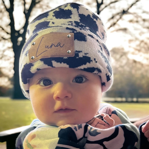 Personalized Leather Patch Cute Cow Warm Beanie | HSKid42