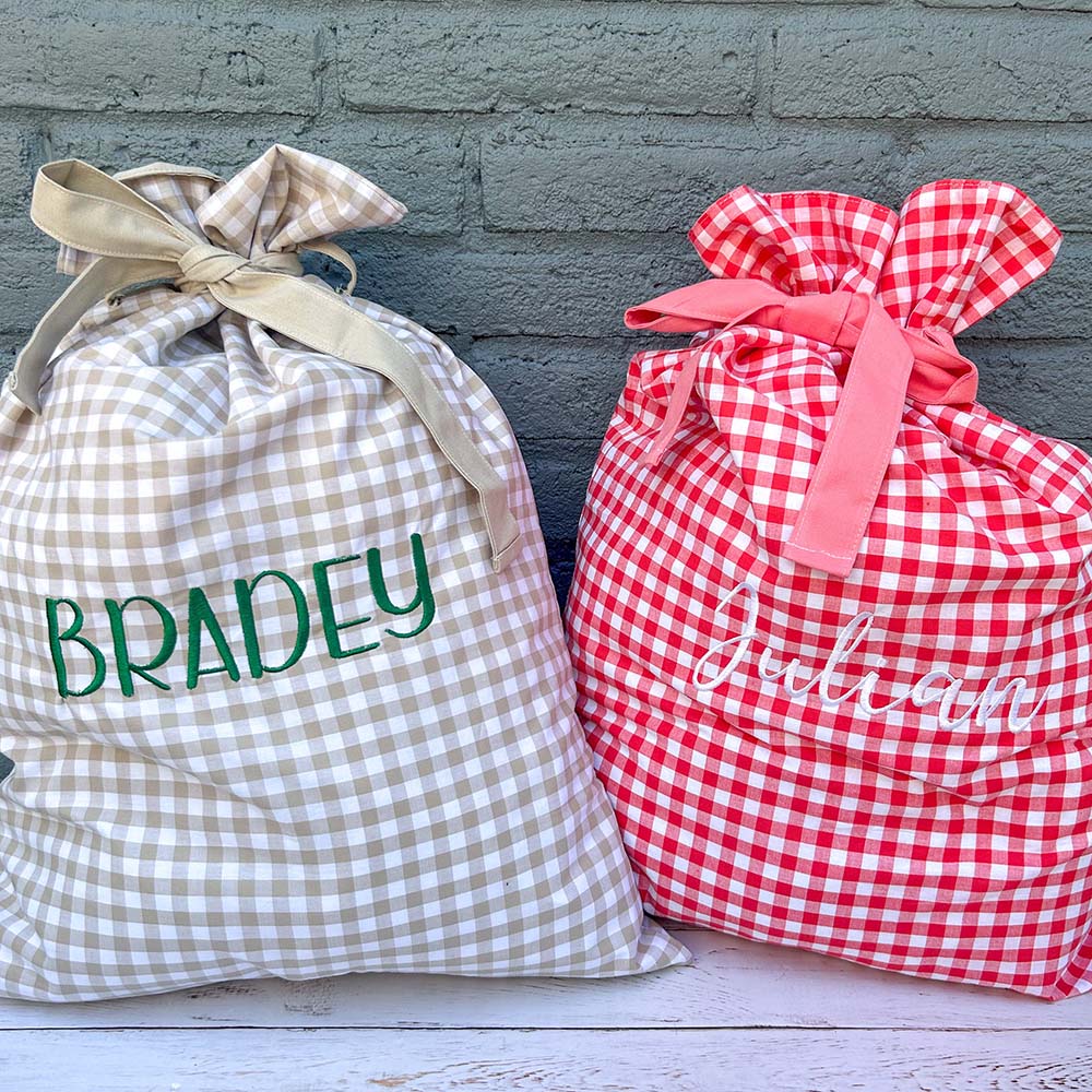 Personalized Embroidered Gingham Santa Gift Bag | MCGift391