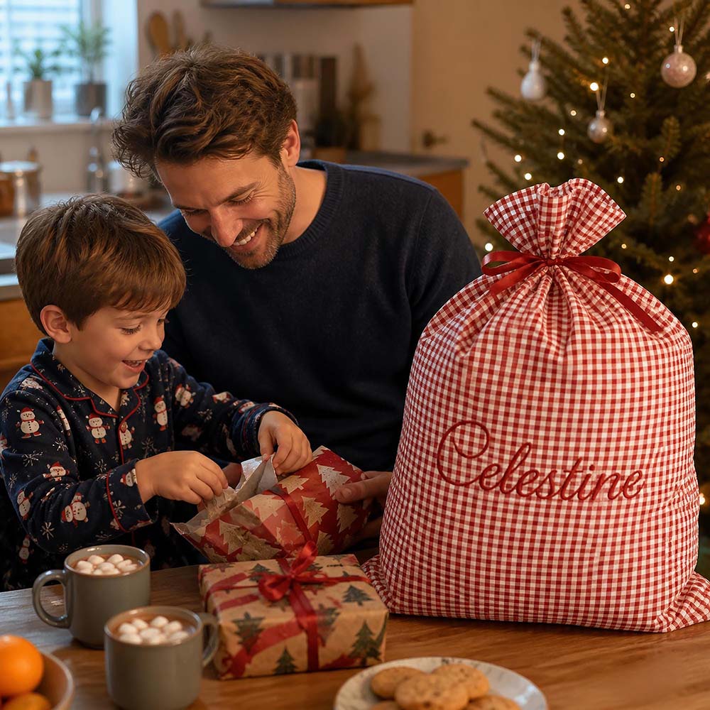 Personalized Embroidered Gingham Santa Gift Bag | MCGift391