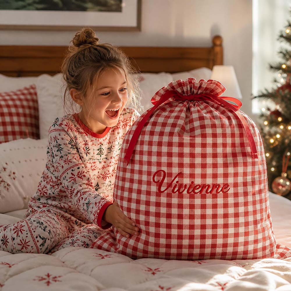 Personalized Embroidered Gingham Santa Gift Bag | MCGift391