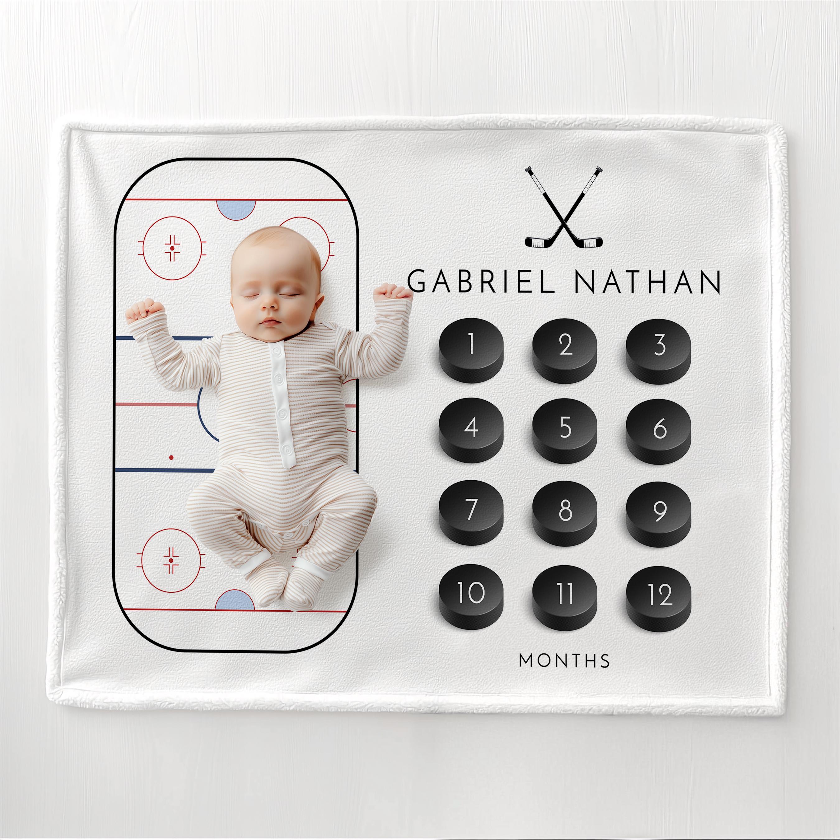 Personalized Baby Hockey Themed Milestone Blanket with Name | BKMS019