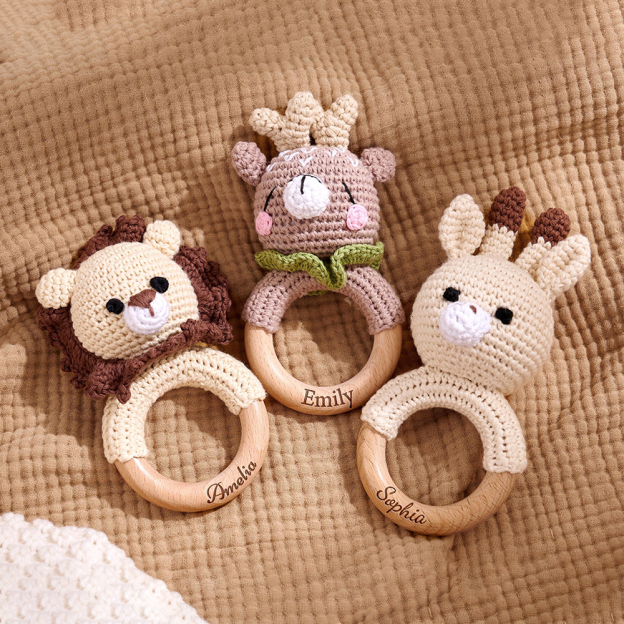 Personalized Baby Handmade Crochet Wooden Rattle Ring | CWToy172