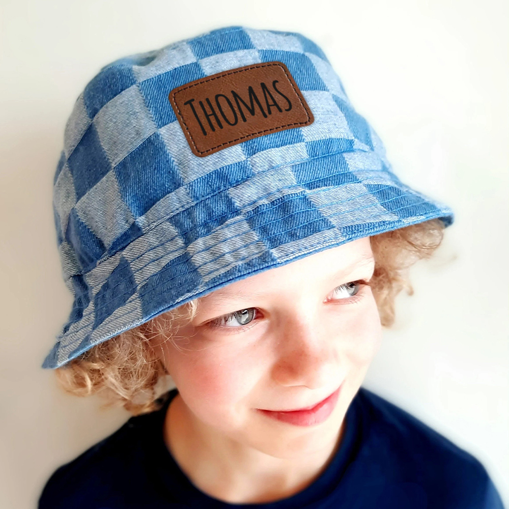 Personalized Leather Patch Checkerboard Denim Bucket Hat | CWBeach175