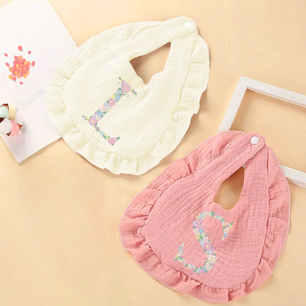 Personalized Embroidered Flowers Letter Baby Cotton Gauze Bibs | CWBaby224
