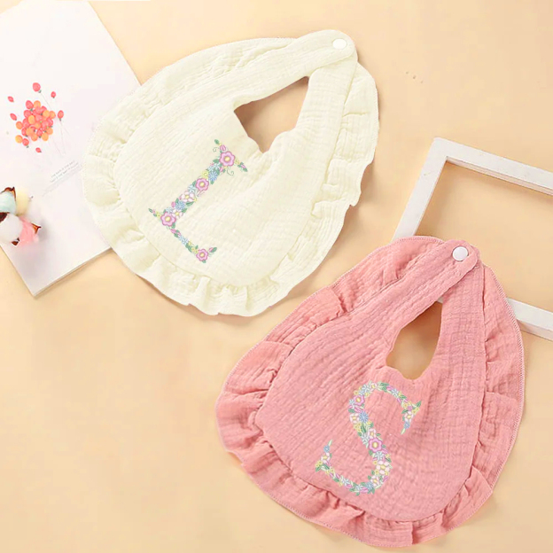 Personalized Embroidered Flowers Letter Baby Cotton Gauze Bibs | CWBaby224