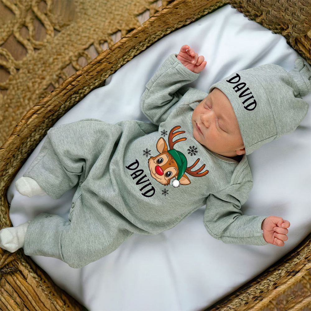 Personalized Baby Christmas Adorable Elk Romper and Hat Set | MCGift233