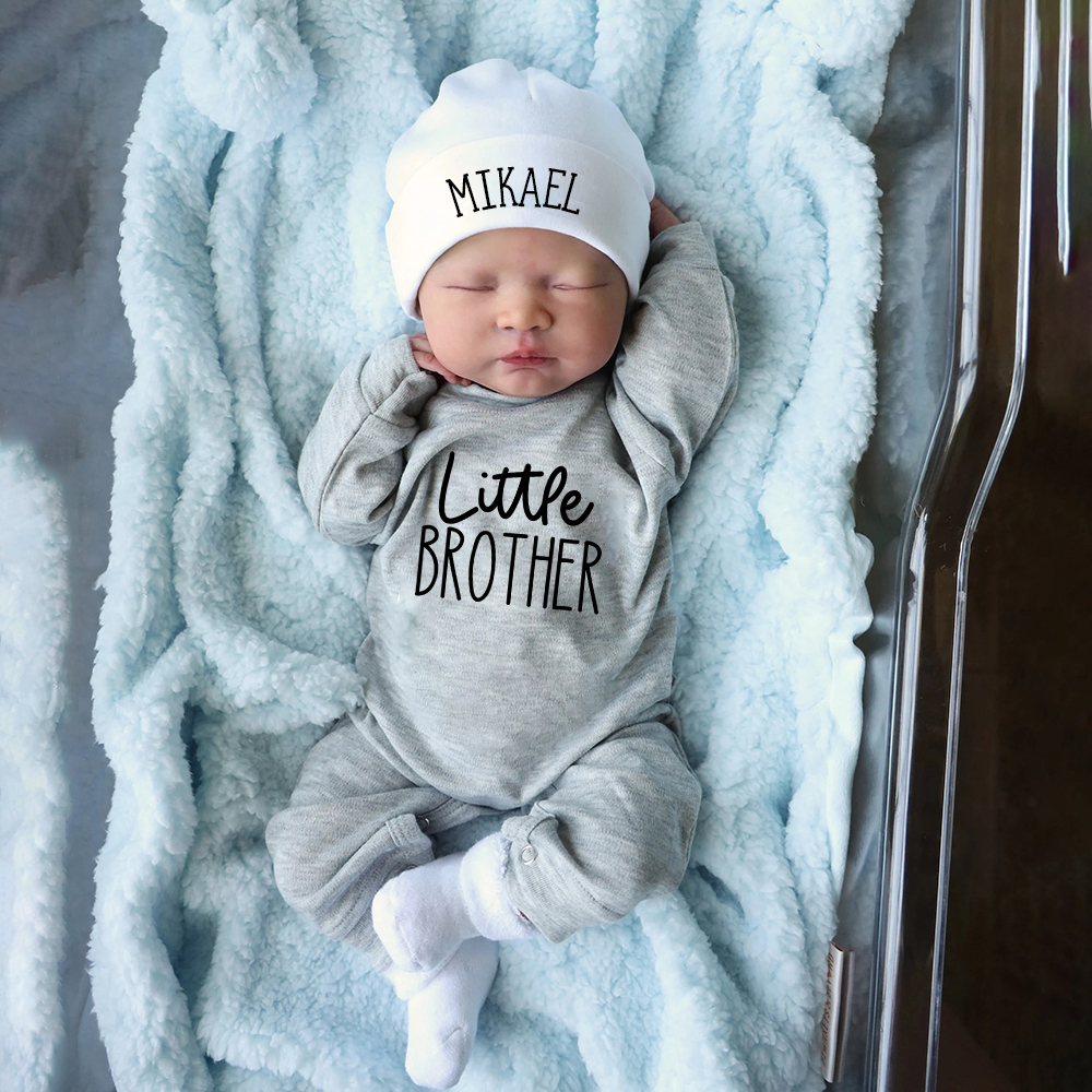 Personalized Little Brother Coming Home Romper With Hat Set | CWBaby13302