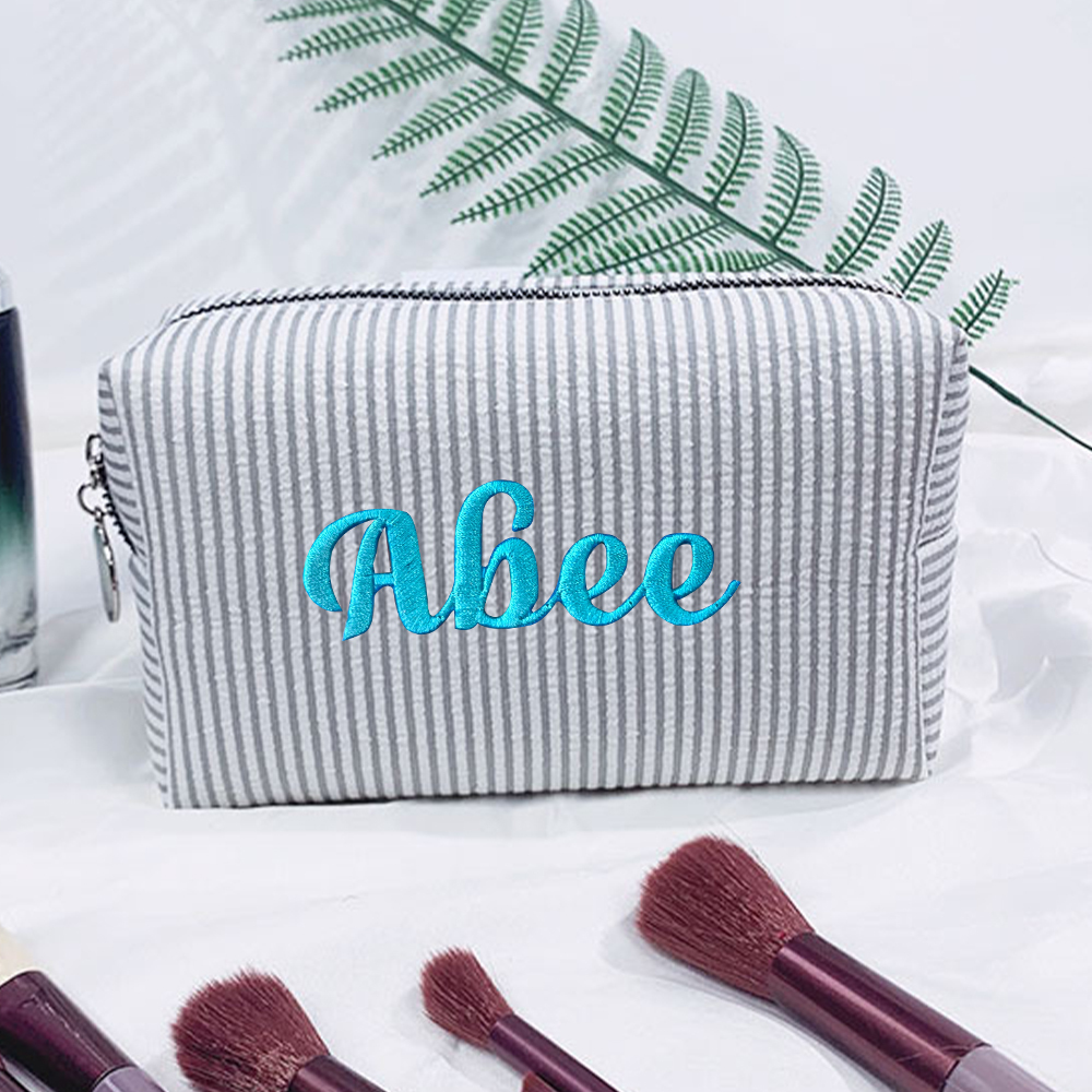Personalized Embroidered Seersucker Striped Makeup Bag | CWPack295